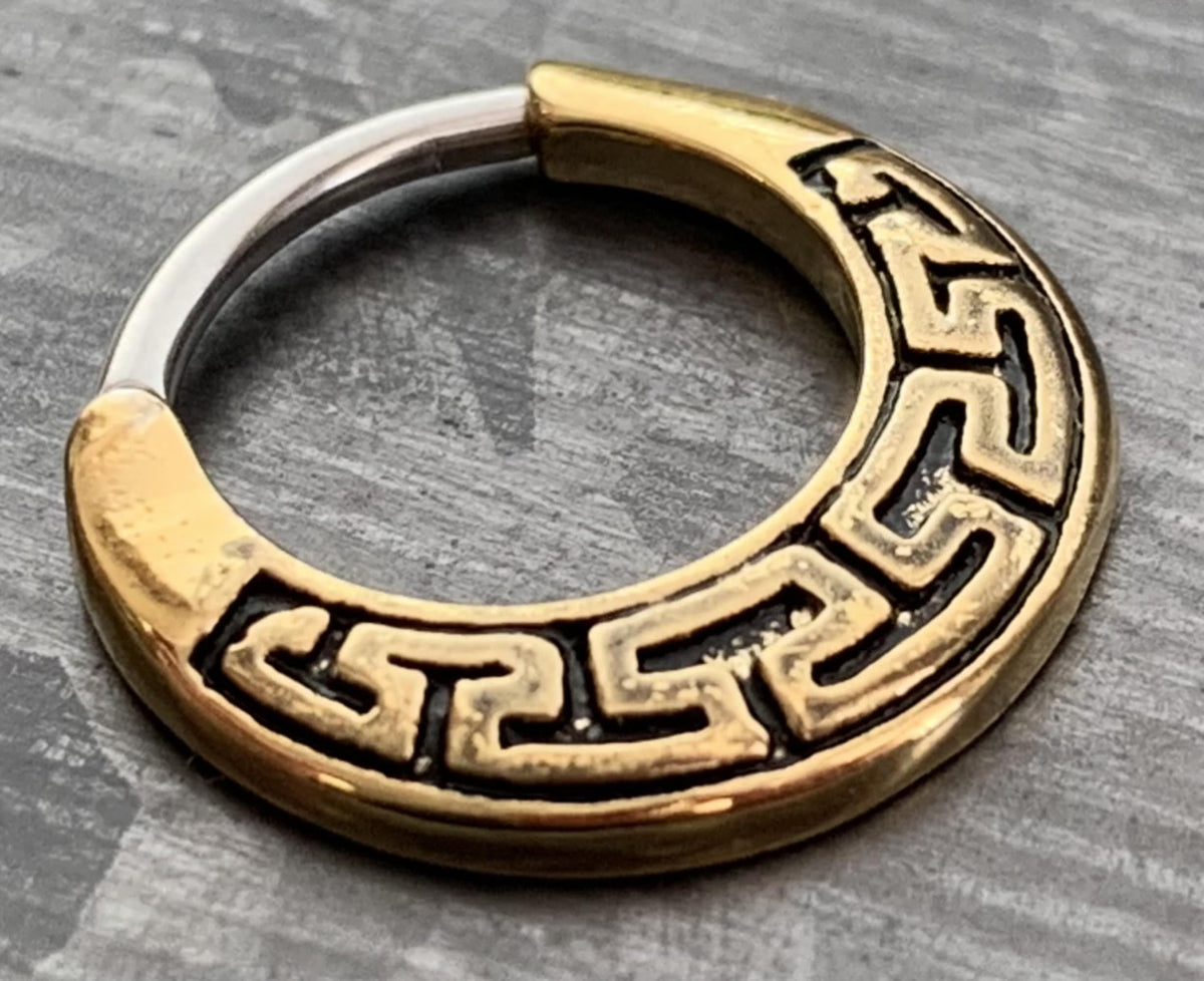1 Piece Unique Maze Tribal Fan Surgical Steel Septum Clicker Ring - 16g - Antique Gold and Steel Available!