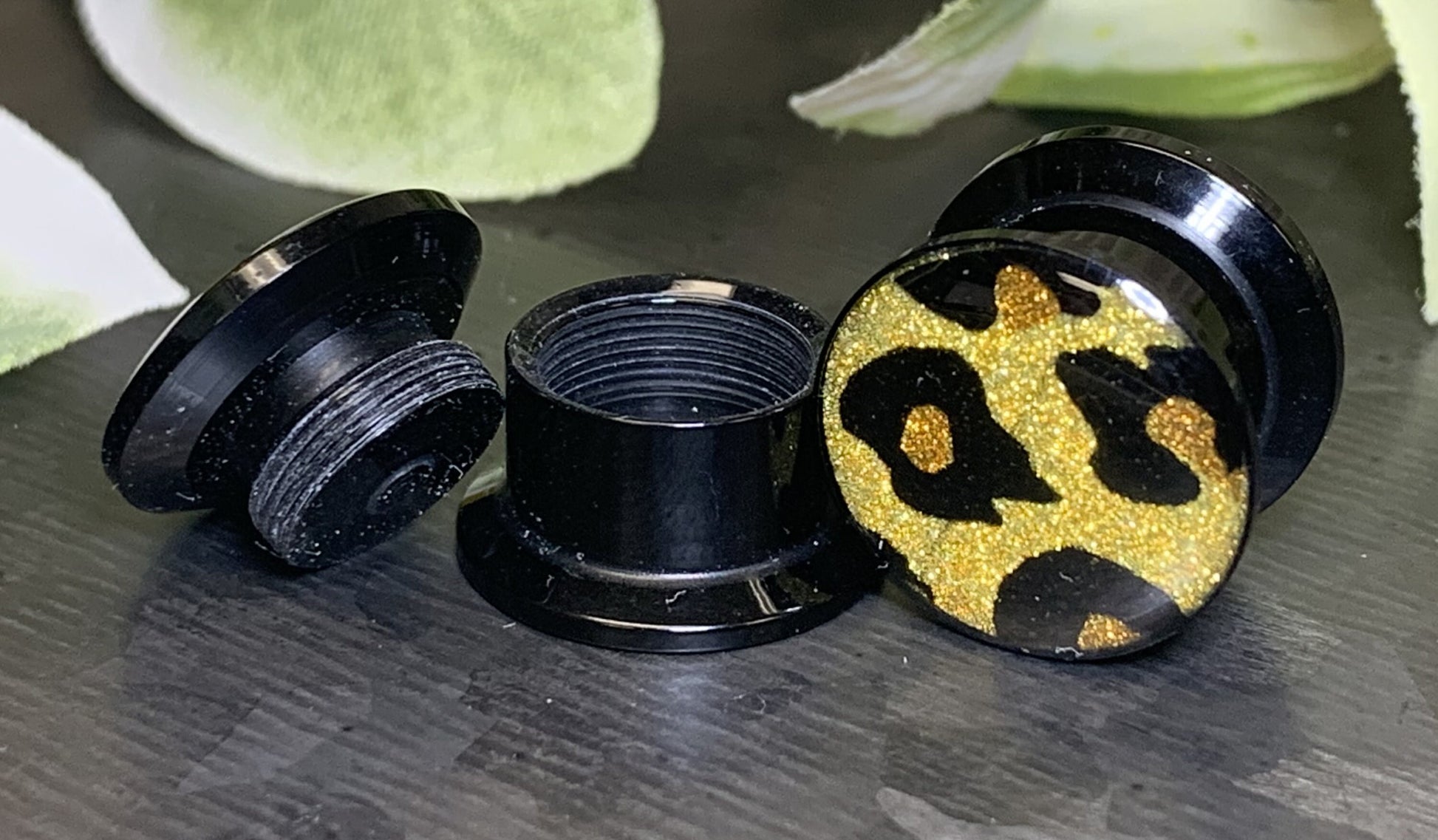 PAIR of Stunning Glitter Leopard Print Acrylic Screw Fit Stash Plugs - Gauges 2g (6mm) thru 5/8" (16mm) available!