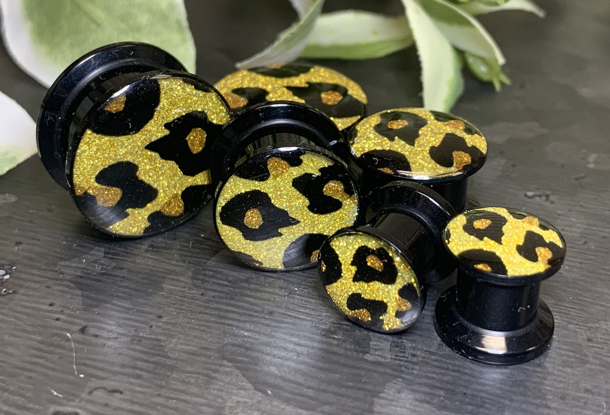 PAIR of Stunning Glitter Leopard Print Acrylic Screw Fit Stash Plugs - Gauges 2g (6mm) thru 5/8" (16mm) available!
