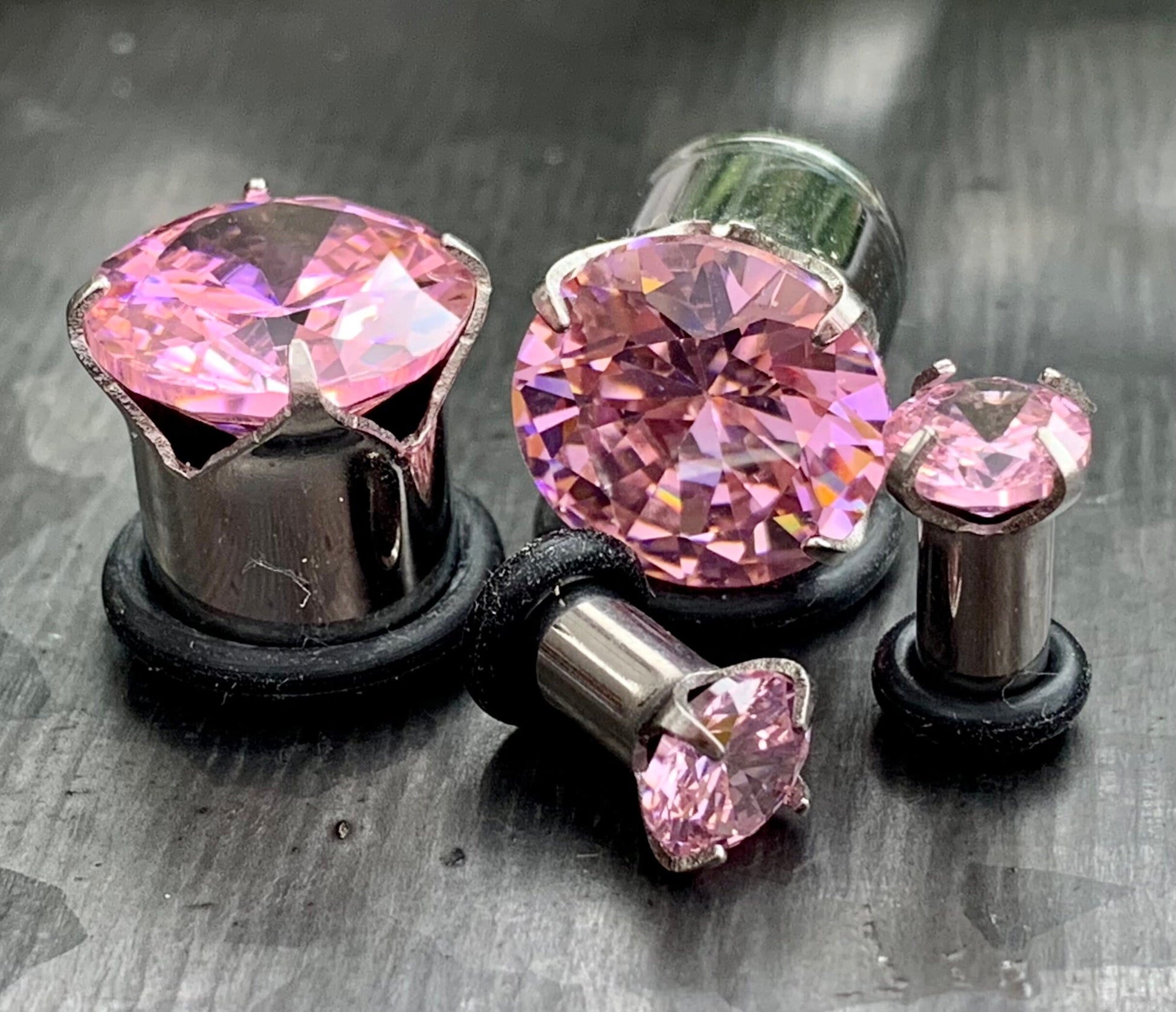 PAIR of CZ Gem Single Flare Steel Hollow Tunnels/Plugs w/O-Ring - Aurora Borealis, Clear Pink - Gauges 8g (3mm) thru 5/8" (16mm) available!