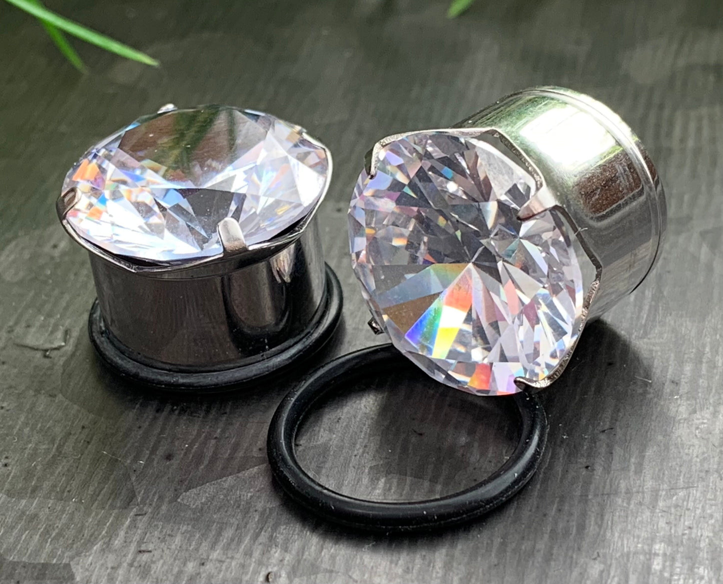 PAIR of CZ Gem Single Flare Steel Hollow Tunnels/Plugs w/O-Ring - Aurora Borealis, Clear Pink - Gauges 8g (3mm) thru 5/8" (16mm) available!