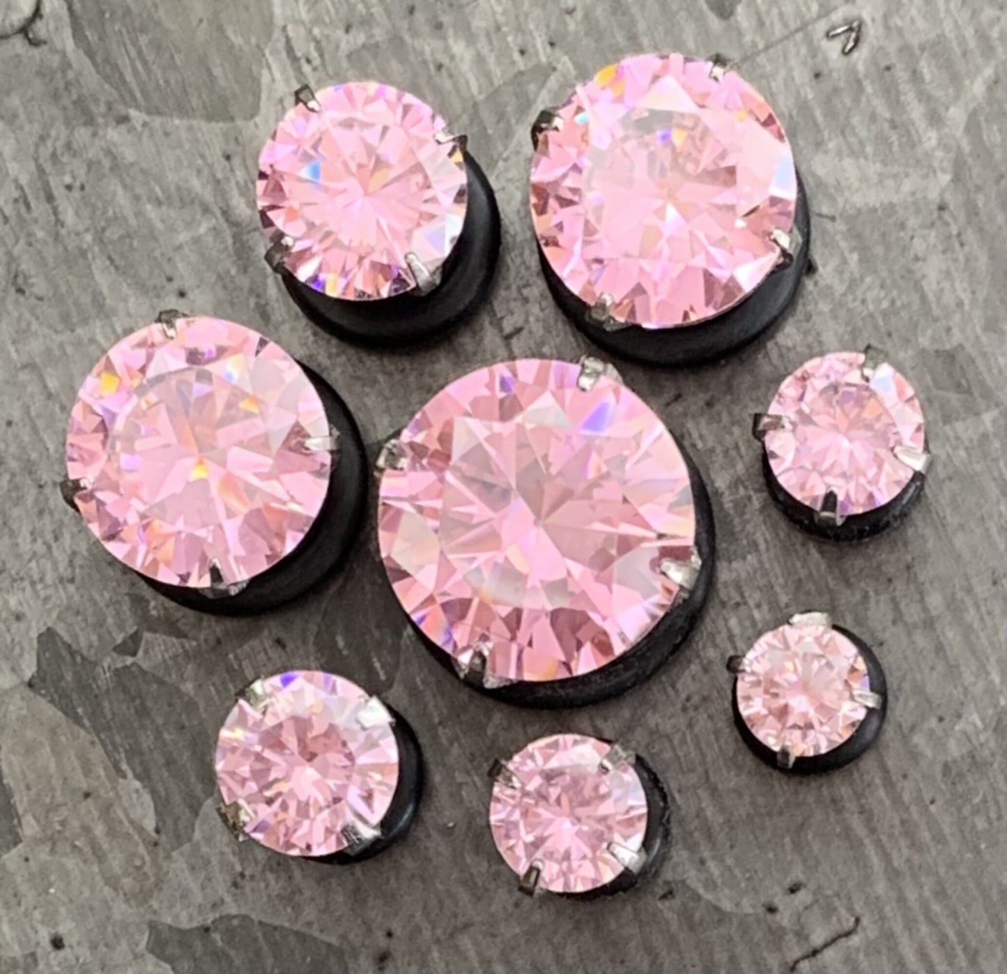 PAIR of CZ Gem Single Flare Steel Hollow Tunnels/Plugs w/O-Ring - Aurora Borealis, Clear Pink - Gauges 8g (3mm) thru 5/8" (16mm) available!