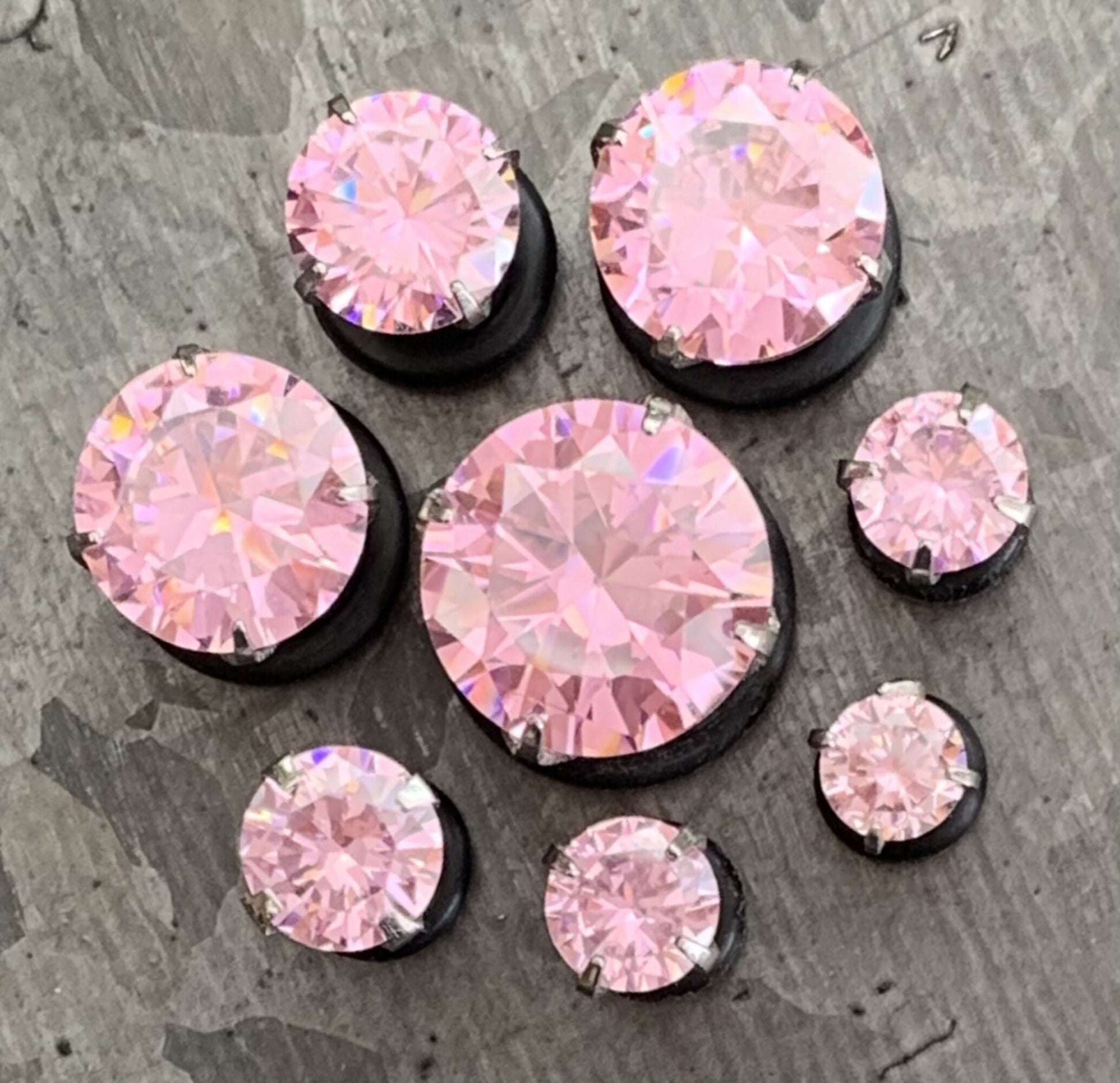 PAIR of CZ Gem Single Flare Steel Hollow Tunnels/Plugs w/O-Ring - Aurora Borealis, Clear Pink - Gauges 8g (3mm) thru 5/8" (16mm) available!