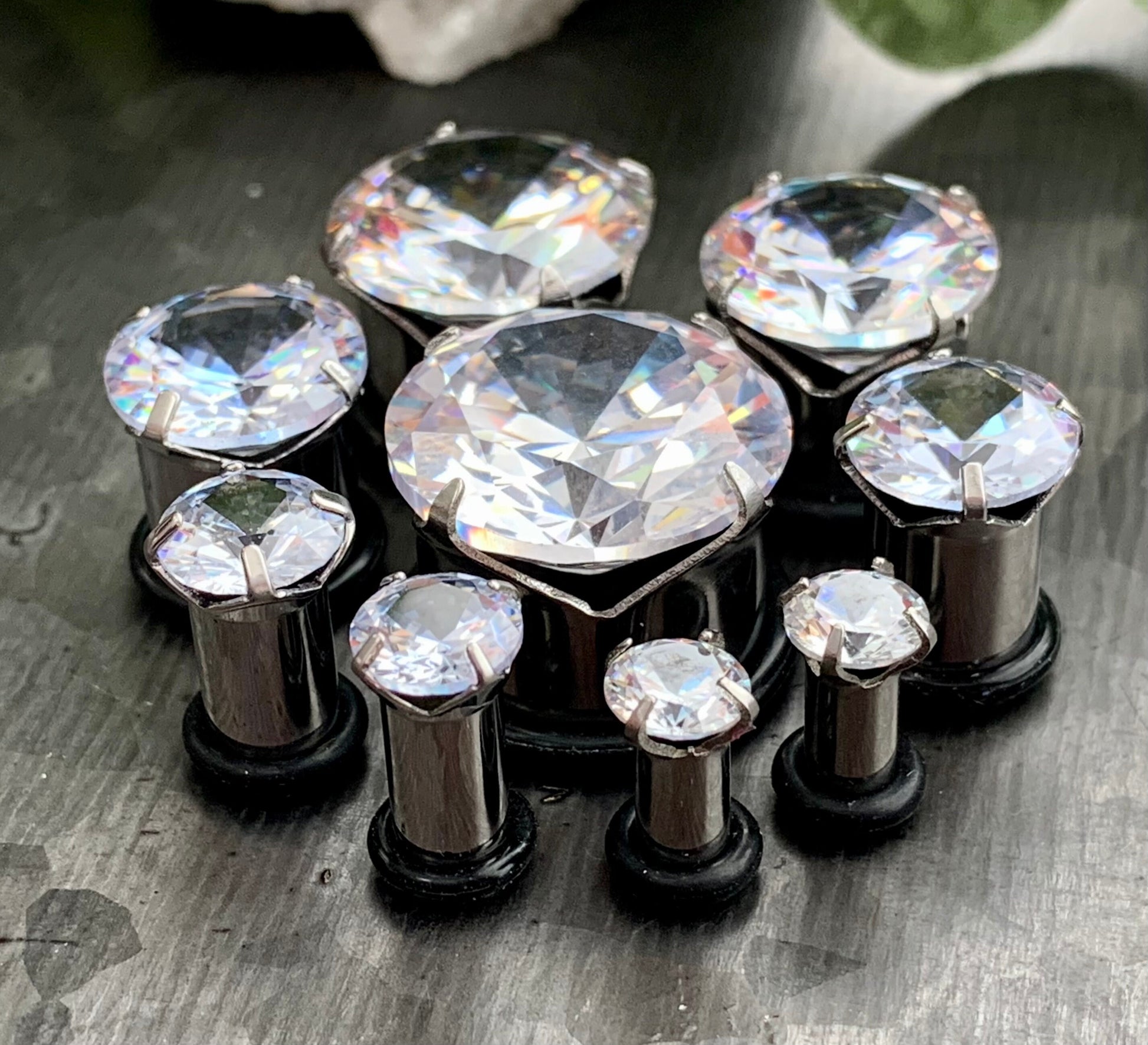 PAIR of CZ Gem Single Flare Steel Hollow Tunnels/Plugs w/O-Ring - Aurora Borealis, Clear Pink - Gauges 8g (3mm) thru 5/8" (16mm) available!