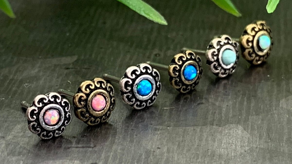 1 Piece Stunning Opal Tribal Heart Filigree Nose Stud/Ring - Antique Gold or Silver Plated - 20g - White, Blue or Pink Available!