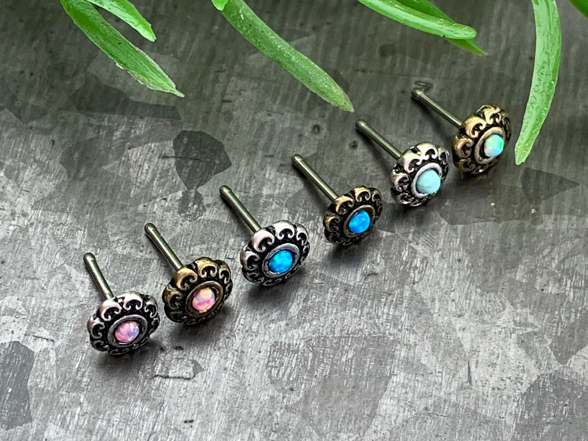 1 Piece Stunning Opal Tribal Heart Filigree Nose Stud/Ring - Antique Gold or Silver Plated - 20g - White, Blue or Pink Available!