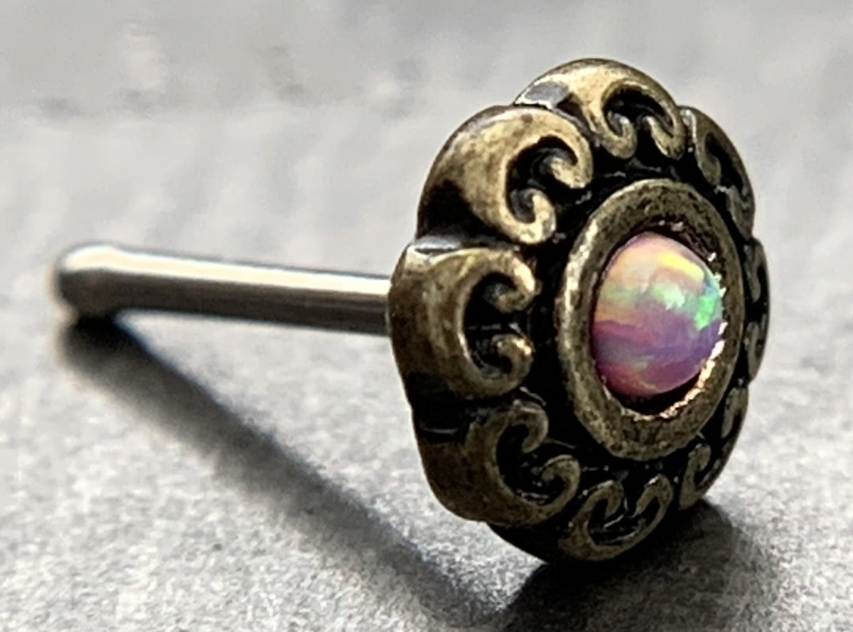 1 Piece Stunning Opal Tribal Heart Filigree Nose Stud/Ring - Antique Gold or Silver Plated - 20g - White, Blue or Pink Available!