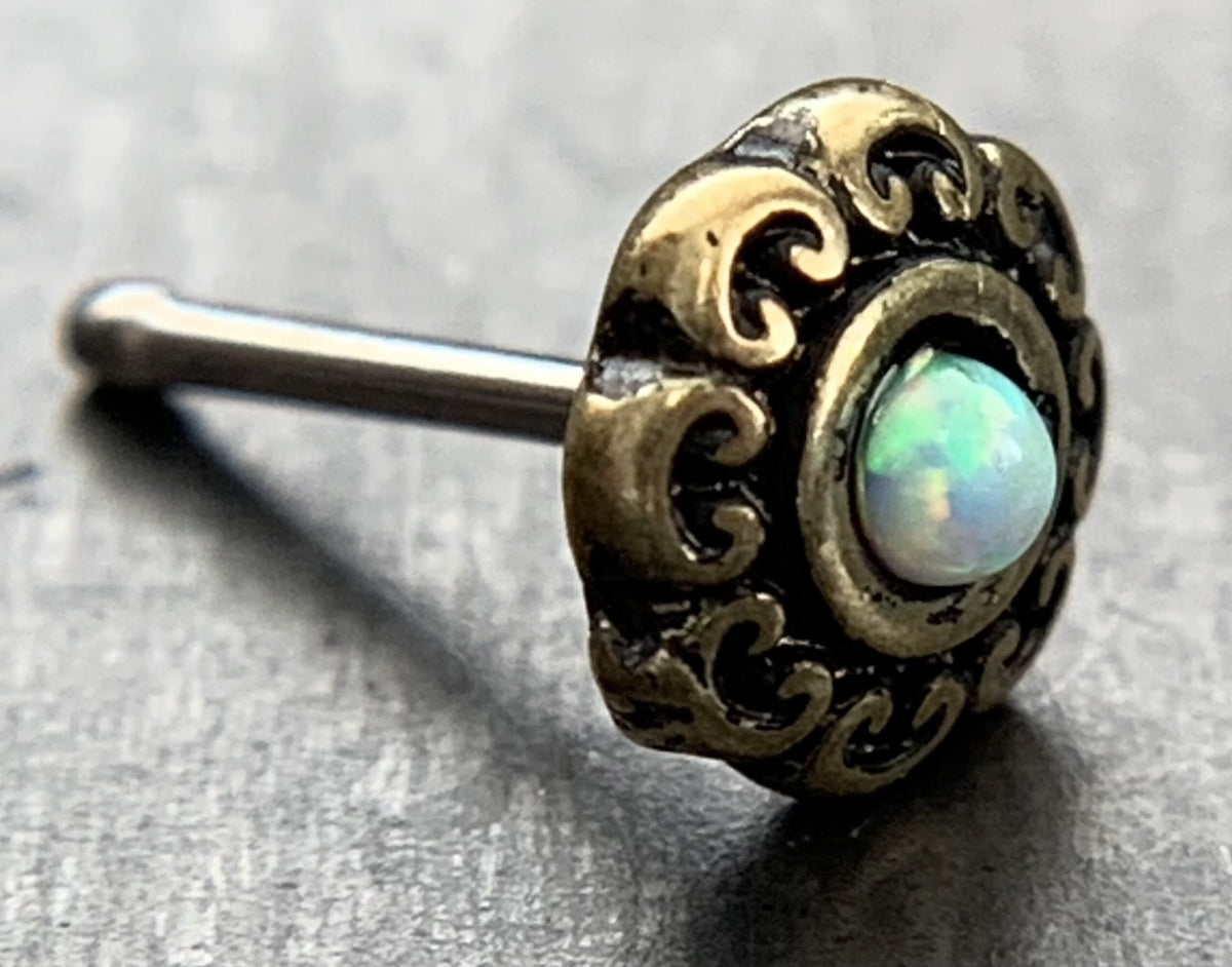 1 Piece Stunning Opal Tribal Heart Filigree Nose Stud/Ring - Antique Gold or Silver Plated - 20g - White, Blue or Pink Available!