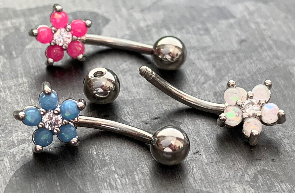 1 Piece Brilliant Opal Glitter Flower Curved Barbell Eyebrow Ring - 16g - Length 8mm - White, Blue and Pink Available!