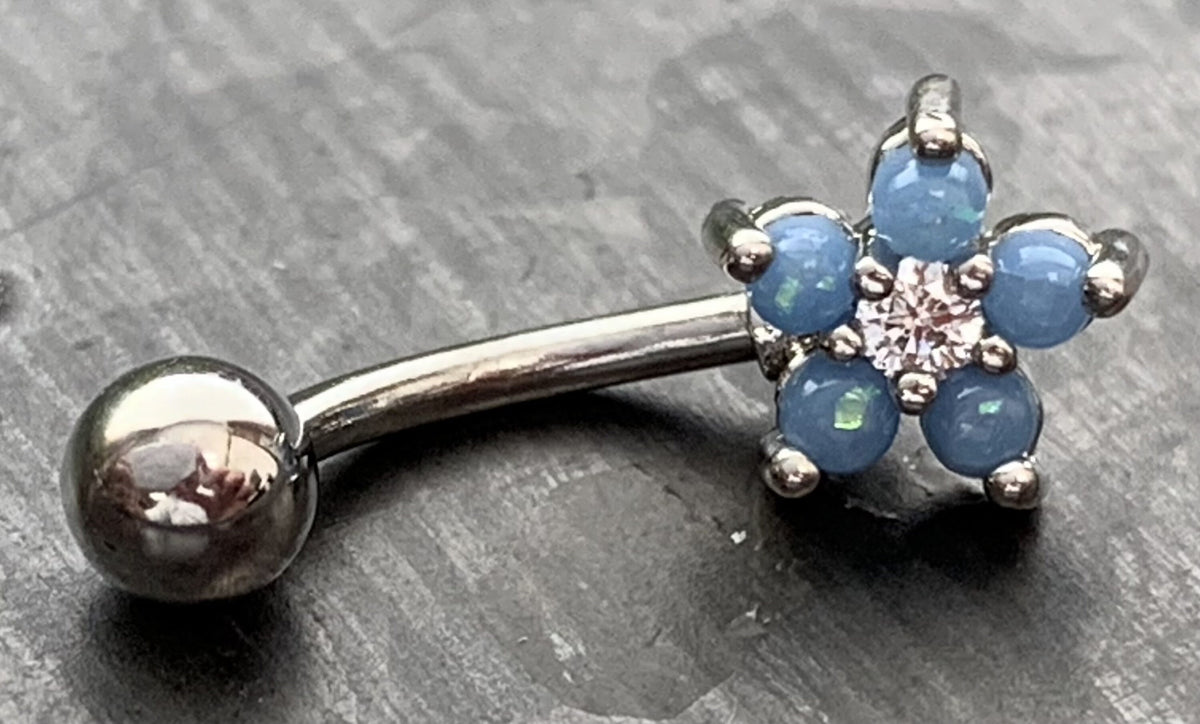 1 Piece Brilliant Opal Glitter Flower Curved Barbell Eyebrow Ring - 16g - Length 8mm - White, Blue and Pink Available!