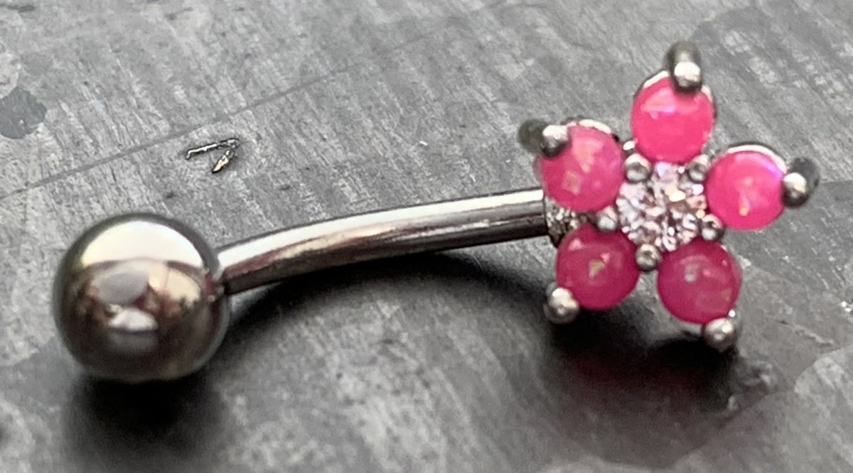 1 Piece Brilliant Opal Glitter Flower Curved Barbell Eyebrow Ring - 16g - Length 8mm - White, Blue and Pink Available!