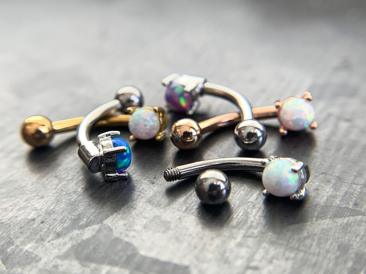 1 Piece Stunning Prong Set 3mm Opal Curved Barbell Eyebrow Ring - 16g - Blue, Purple, White, Gold and Rose Gold Available!