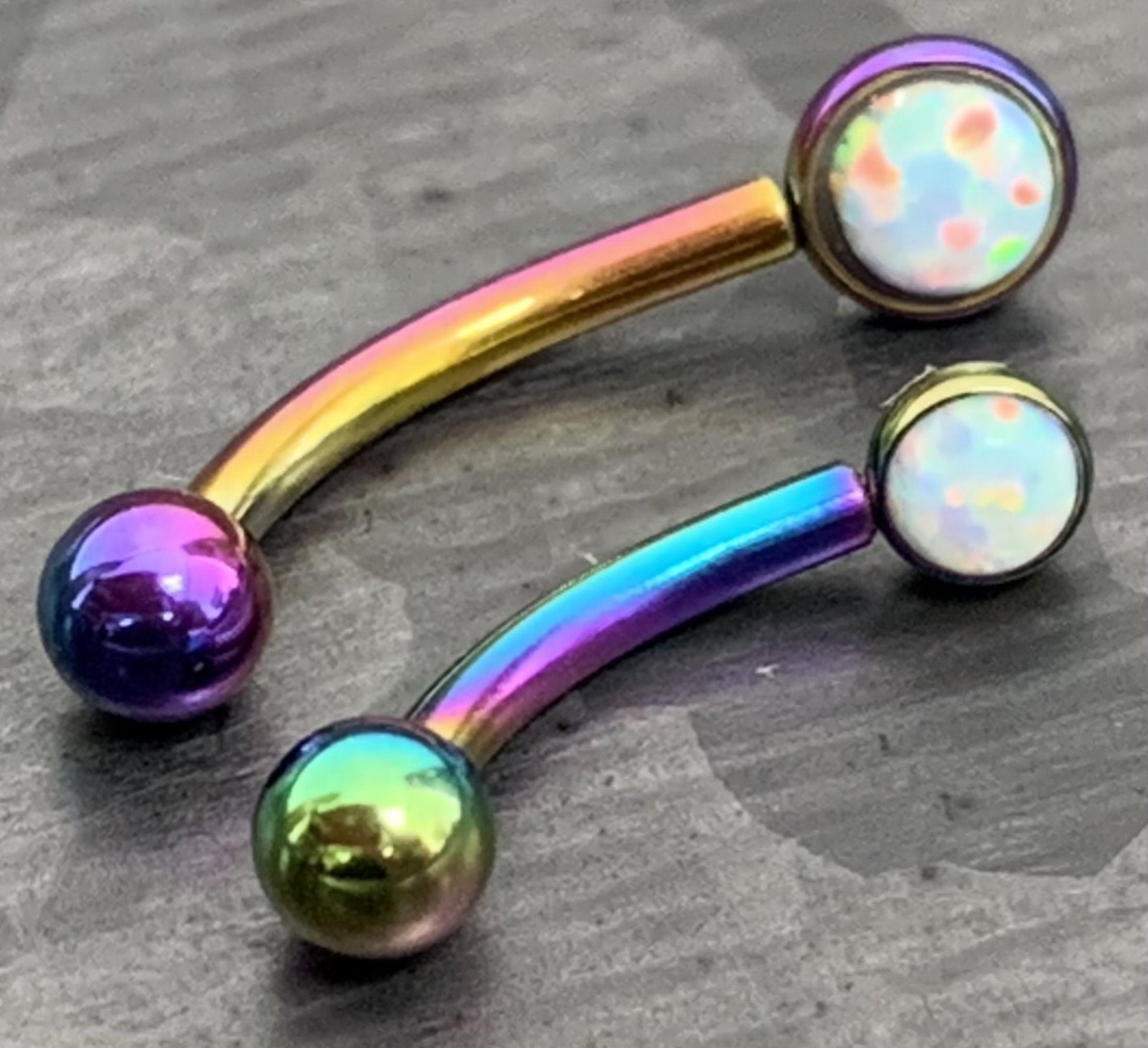 1 Piece Stunning Flat Back Set 3mm Opal Curved Barbell Eyebrow Ring - 16g - Blue, Purple, White, Gold, Rose Gold and Multi-Color Available!