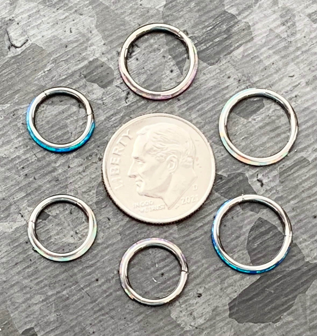1 Piece Implant Grade Titanium Opal Outer Edge Hinged Segment Septum Ring - White, Pink, Blue - Gauge 16g, Diameter 10mm or 8mm available!