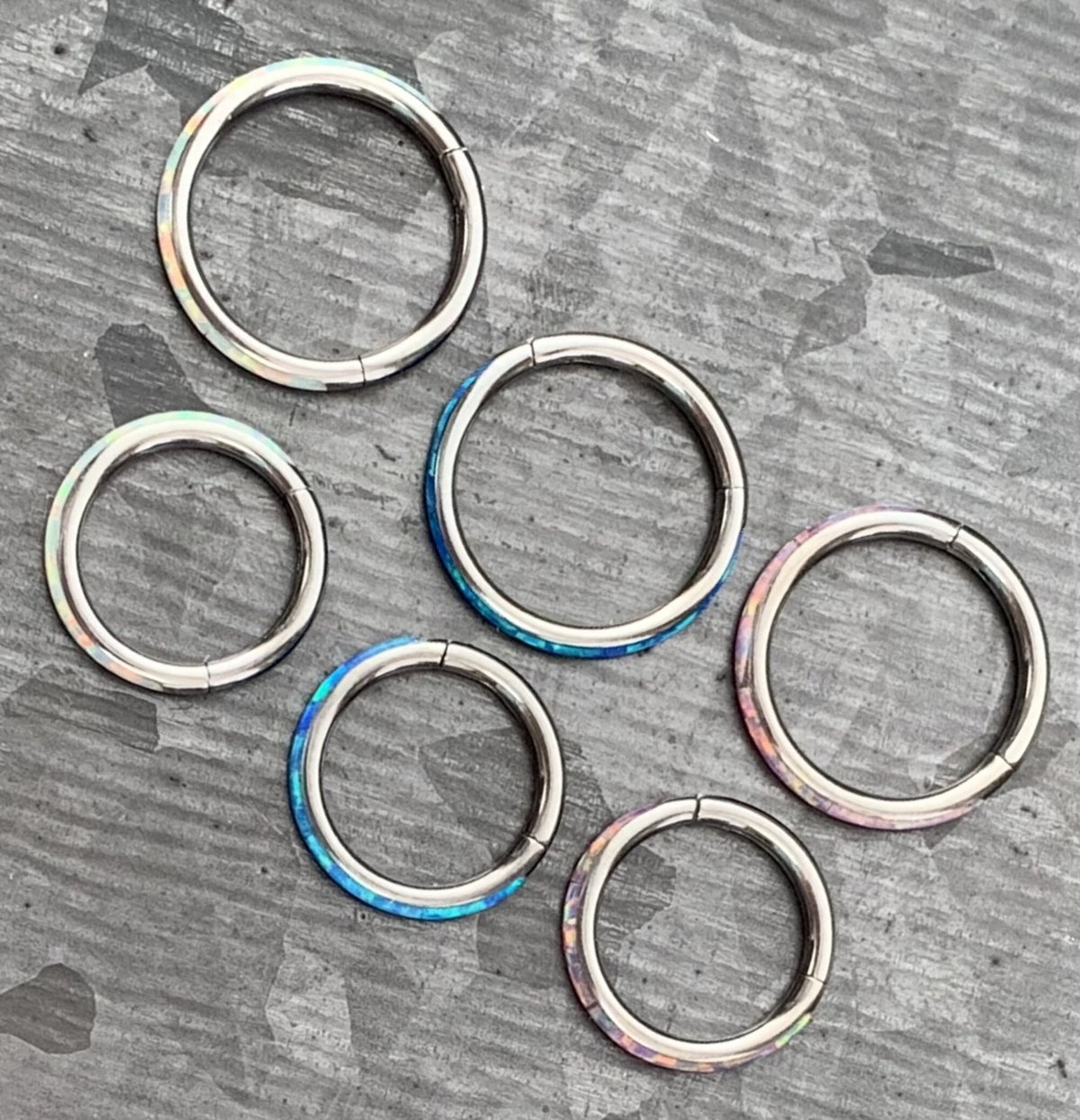 1 Piece Implant Grade Titanium Opal Outer Edge Hinged Segment Septum Ring - White, Pink, Blue - Gauge 16g, Diameter 10mm or 8mm available!