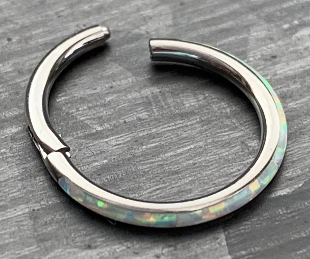 1 Piece Implant Grade Titanium Opal Outer Edge Hinged Segment Septum Ring - White, Pink, Blue - Gauge 16g, Diameter 10mm or 8mm available!