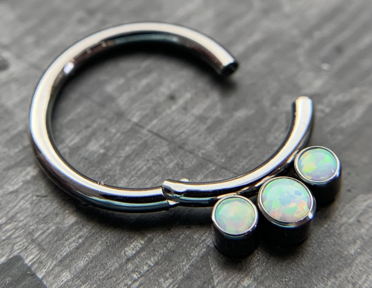 1 Piece Solid Titanium 3 Bezel Set Opals Hinged Segment Septum Ring - White or Blue - 16g, Diameter 10mm or 8mm available!