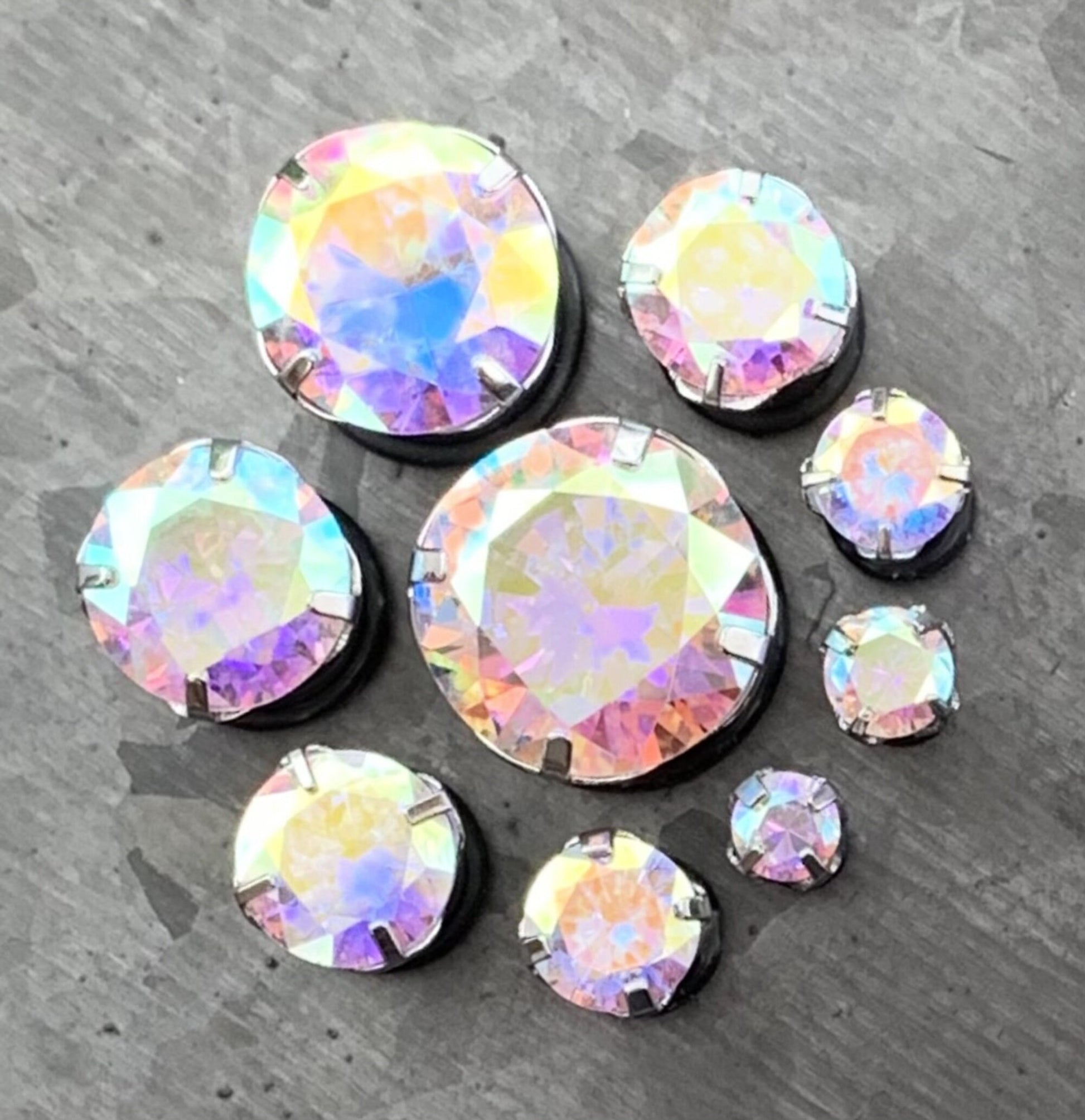 PAIR of CZ Gem Single Flare Steel Hollow Tunnels/Plugs w/O-Ring - Aurora Borealis, Clear Pink - Gauges 8g (3mm) thru 5/8" (16mm) available!