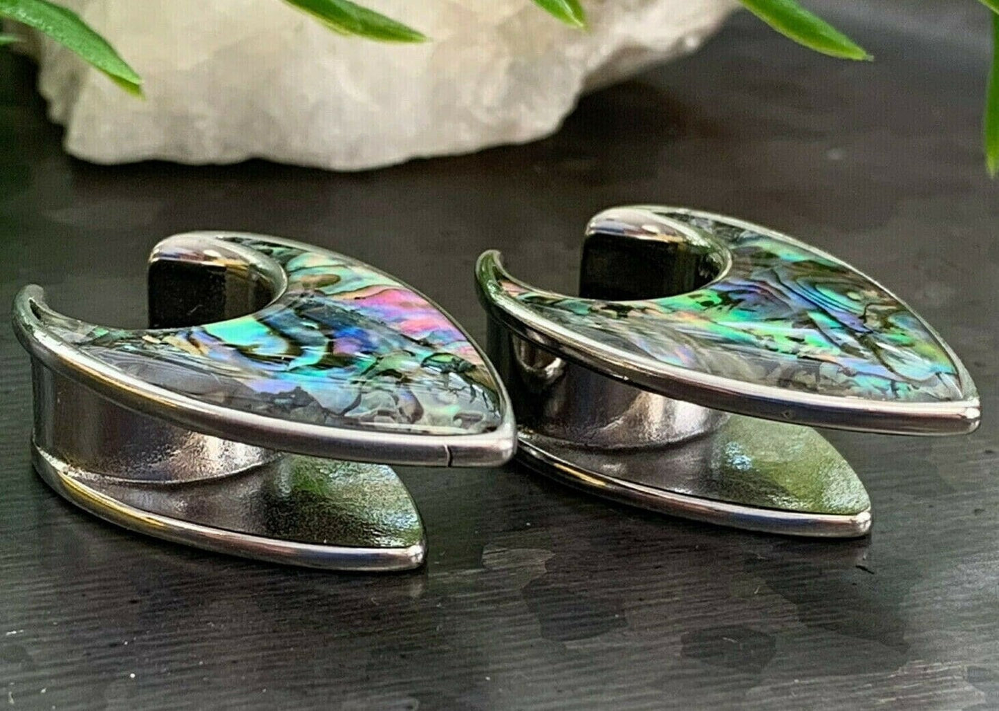 PAIR of Stunning Abalone Tear Drop Surgical Steel Saddle Ear Spreader Tunnels/Plugs/Hangers - Gauges 0g (8mm) thru 5/8" (16mm) available!