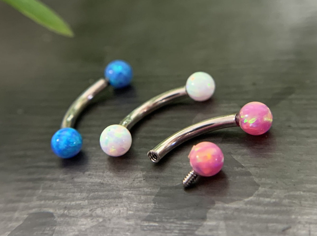 1 Piece Opal Balls Curved Surgical Steel Eyebrow Ring - 16g, 5/16" (8mm) - Blue, Pink or White - YOU Choose Color!!!