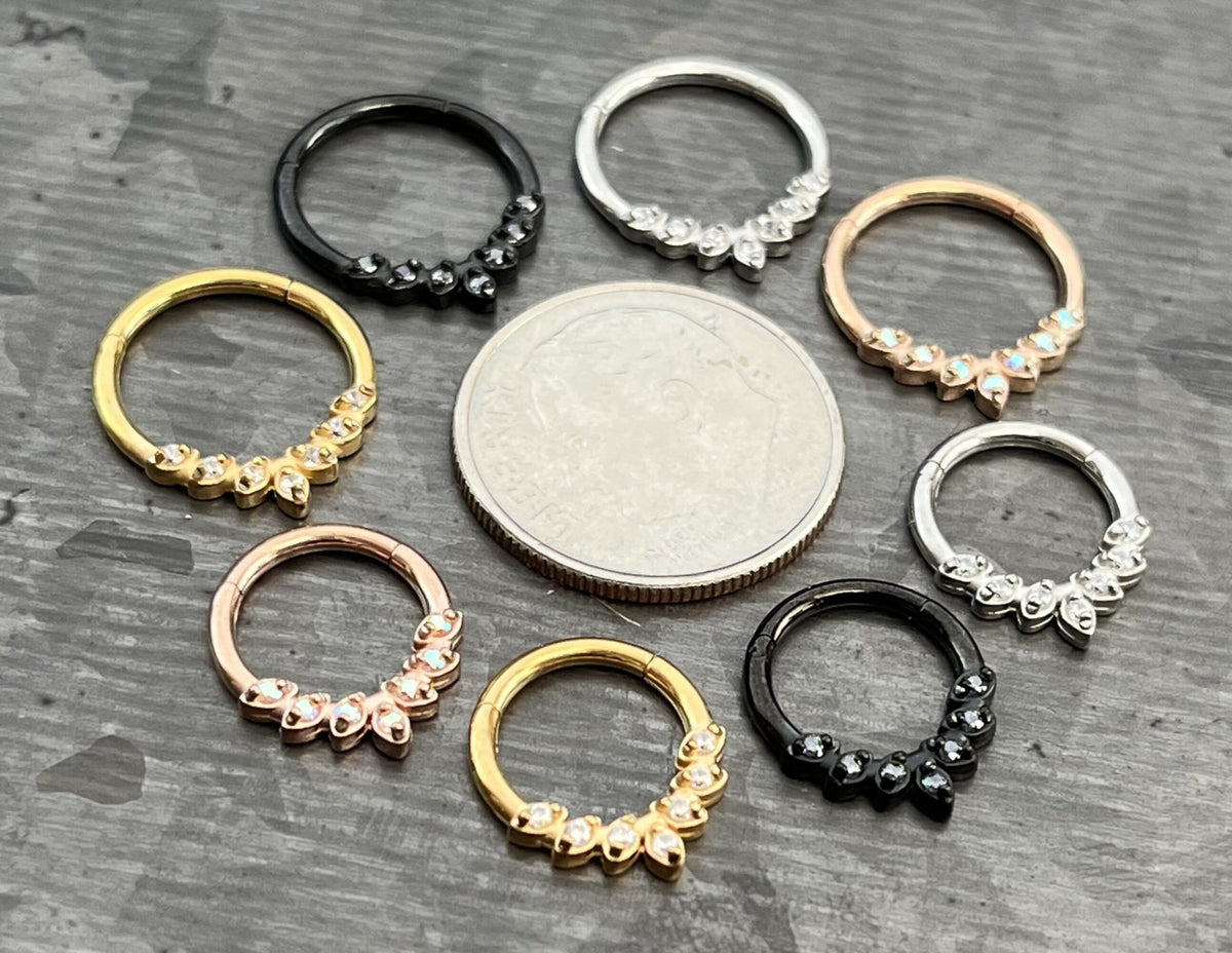 1 Piece Stunning Seven CZ Gem Leaves Steel Hinged Segment Ring - 16g - 8mm or 10mm Internal Diameter - Black, Gold, Rose Gold and Silver!