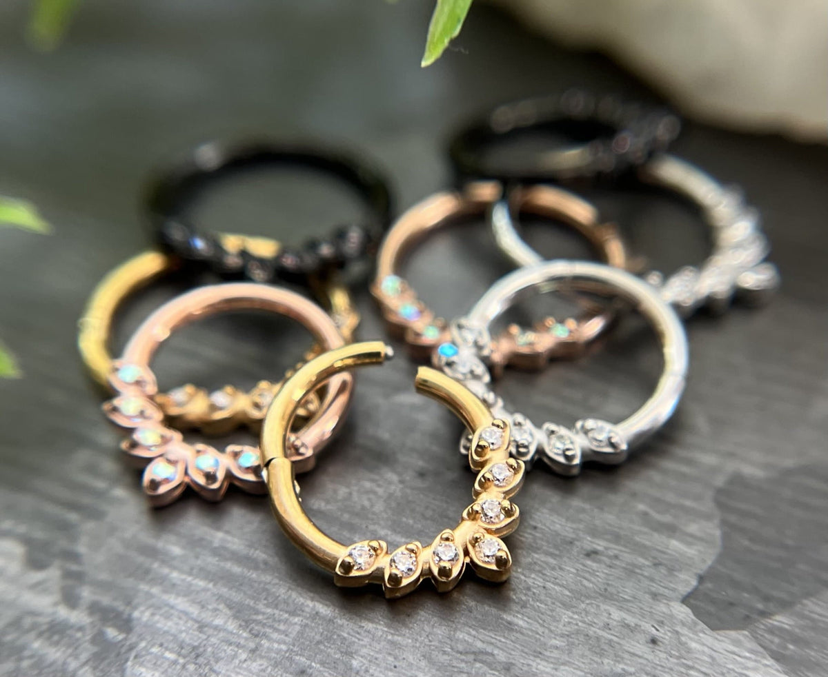 1 Piece Stunning Seven CZ Gem Leaves Steel Hinged Segment Ring - 16g - 8mm or 10mm Internal Diameter - Black, Gold, Rose Gold and Silver!