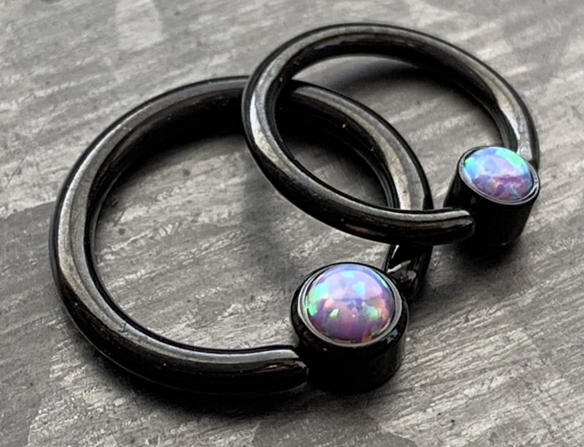 1 Piece Stunning Black Opal Set Flat-Back Black Plated Segment Septum Ring - 16g or 14g - 8mm or 10mm - White, Purple, Blue Available!