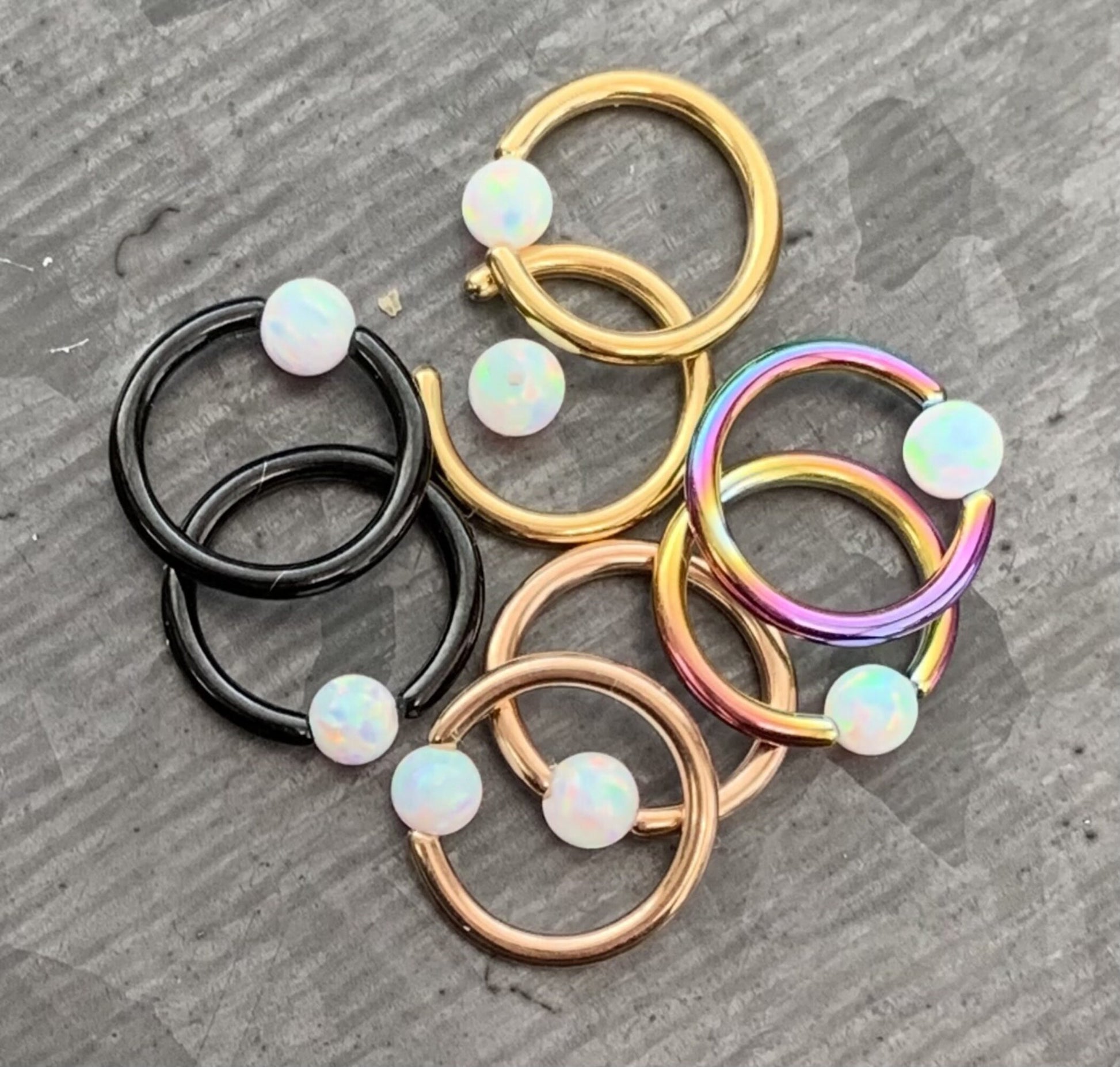 PAIR of Beautiful Synthetic Opal Ball Ion Plated Captive Bead Rings - 16g - 5/16" (8mm) - Black, Gold, Rose Gold and Rainbow Available!