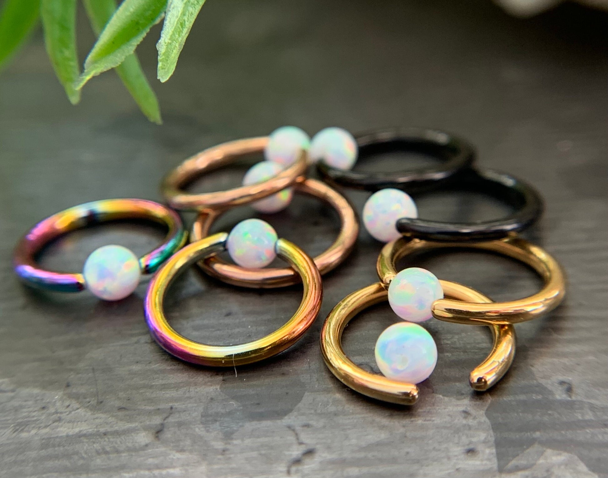 PAIR of Beautiful Synthetic Opal Ball Ion Plated Captive Bead Rings - 16g - 5/16" (8mm) - Black, Gold, Rose Gold and Rainbow Available!