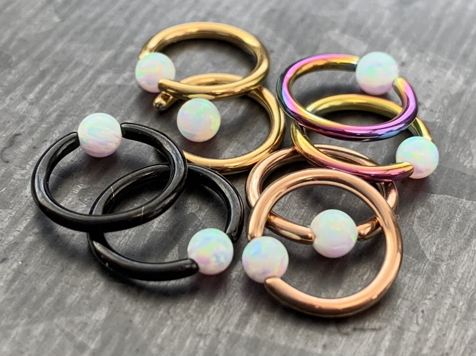 PAIR of Beautiful Synthetic Opal Ball Ion Plated Captive Bead Rings - 16g - 5/16" (8mm) - Black, Gold, Rose Gold and Rainbow Available!