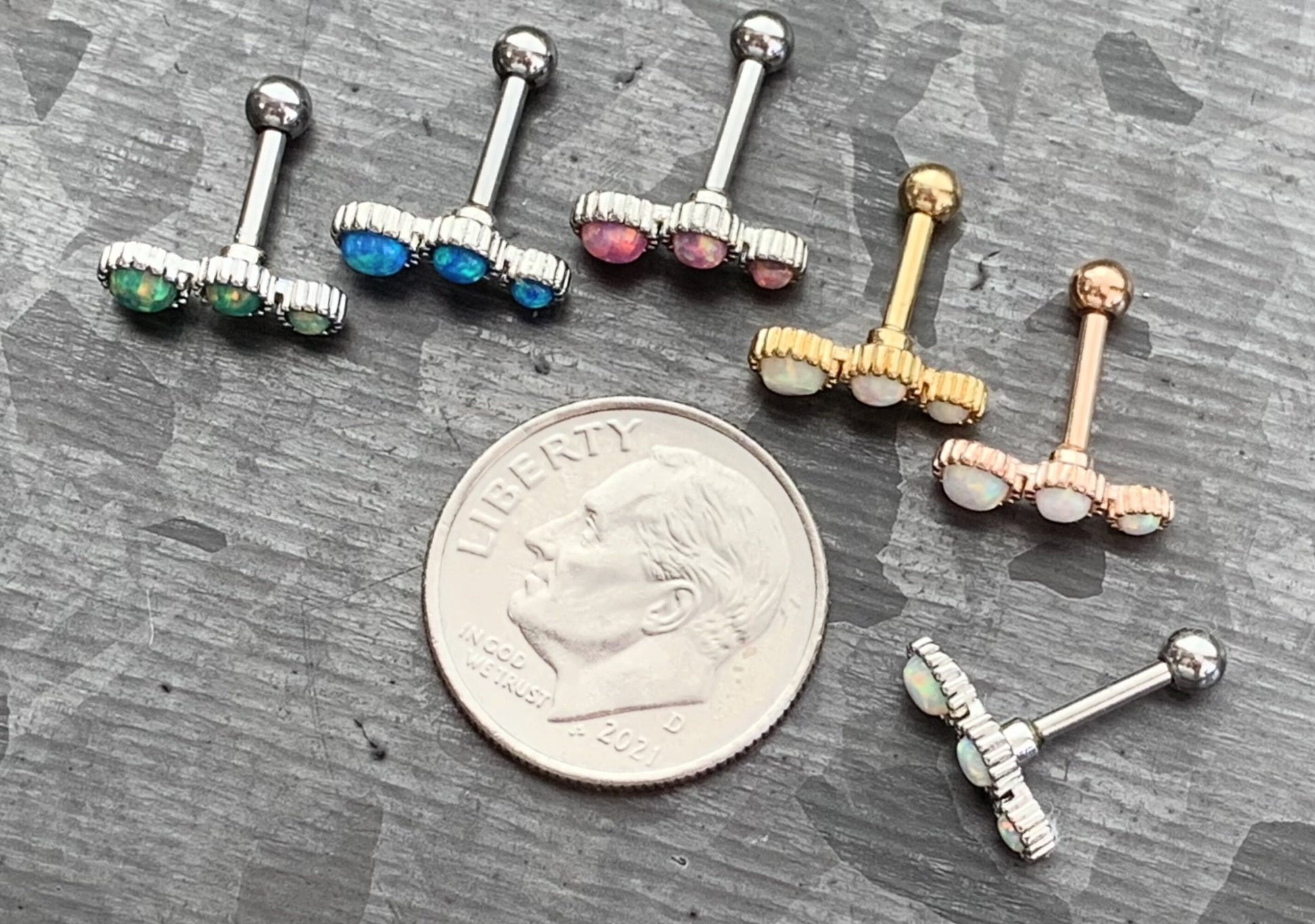 1 Piece Triple Round Opal Steel Tragus Cartilage Stud/Ring - 16g - 1/4" (6mm) - Blue, Green, Gold, Pink, Rose Gold and White Available!