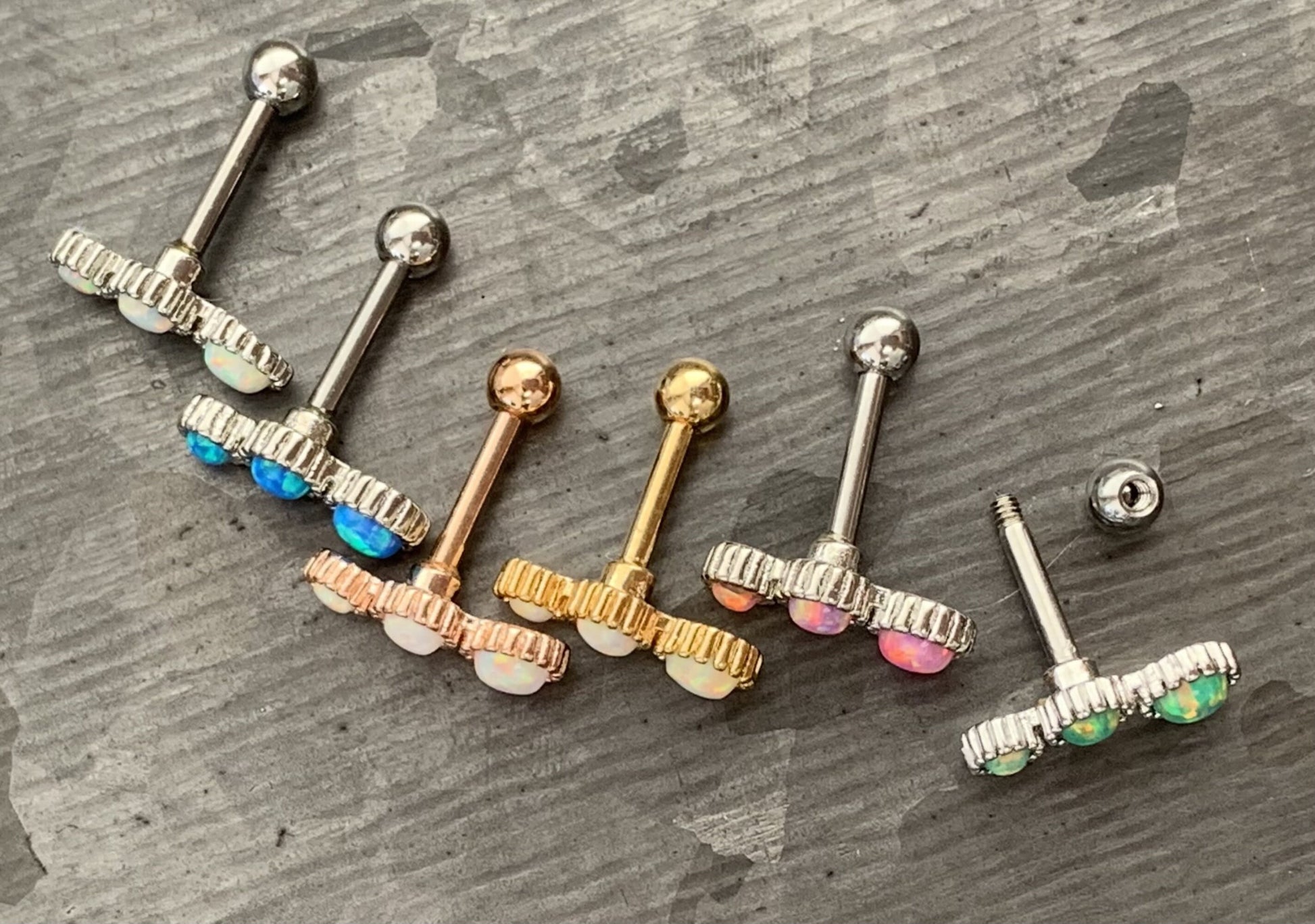 1 Piece Triple Round Opal Steel Tragus Cartilage Stud/Ring - 16g - 1/4" (6mm) - Blue, Green, Gold, Pink, Rose Gold and White Available!