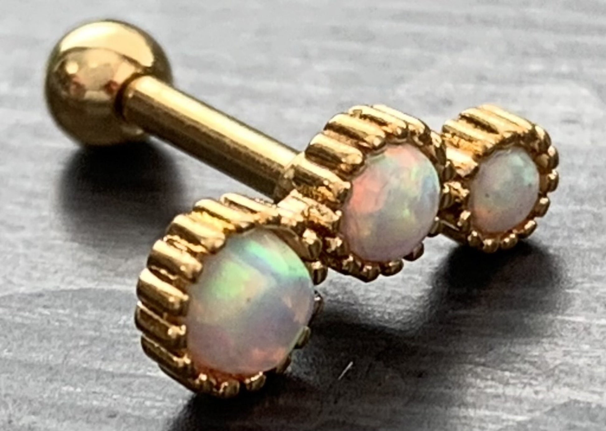 1 Piece Triple Round Opal Steel Tragus Cartilage Stud/Ring - 16g - 1/4" (6mm) - Blue, Green, Gold, Pink, Rose Gold and White Available!