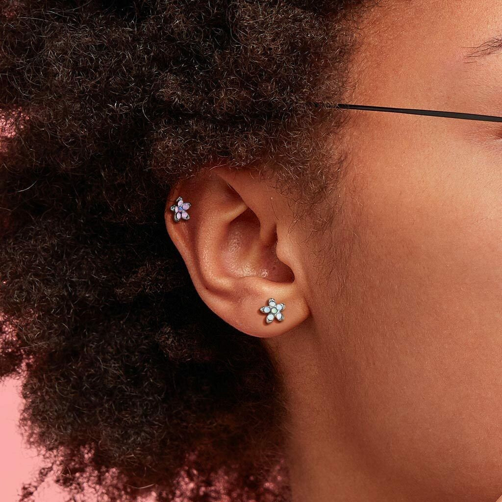 1 Piece Stunning Opalite & Opal Flower Steel Tragus Cartilage Barbell Ring - 16g - 1/4"(6mm) - Blue, Pink, Turquoise and White Available!