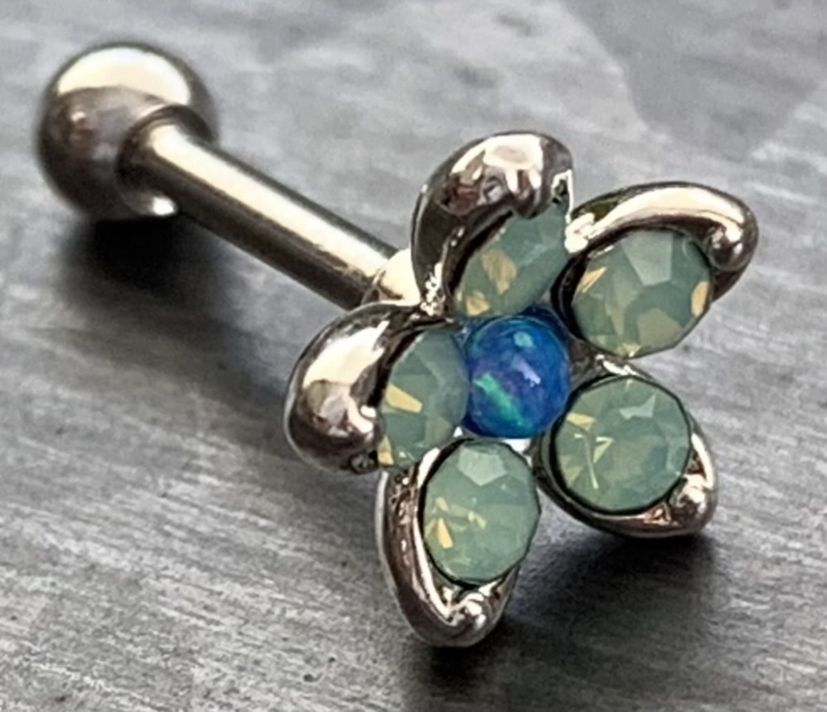 1 Piece Stunning Opalite & Opal Flower Steel Tragus Cartilage Barbell Ring - 16g - 1/4"(6mm) - Blue, Pink, Turquoise and White Available!