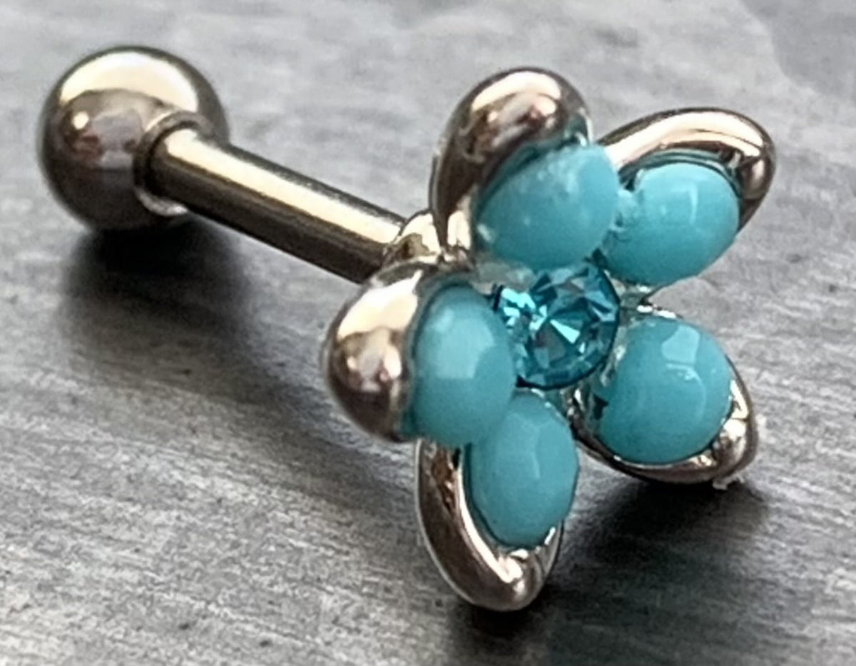1 Piece Stunning Opalite & Opal Flower Steel Tragus Cartilage Barbell Ring - 16g - 1/4"(6mm) - Blue, Pink, Turquoise and White Available!