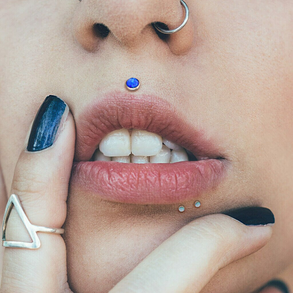 1 Piece Unique Push In Opal Dome Labret Monroe Stud Lip Ring- 16g - Length: 6mm or 8mm - Gem Size 2, 3 or 4mm - White or Blue Available!