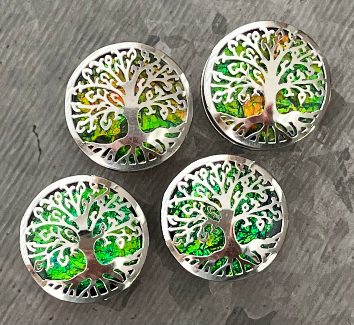 PAIR of Stunning Green Opal Glitter Tree of Life Steel Screw Fit Tunnels/Plugs - Gauges 0g (8mm) thru 5/8" (16mm) available!