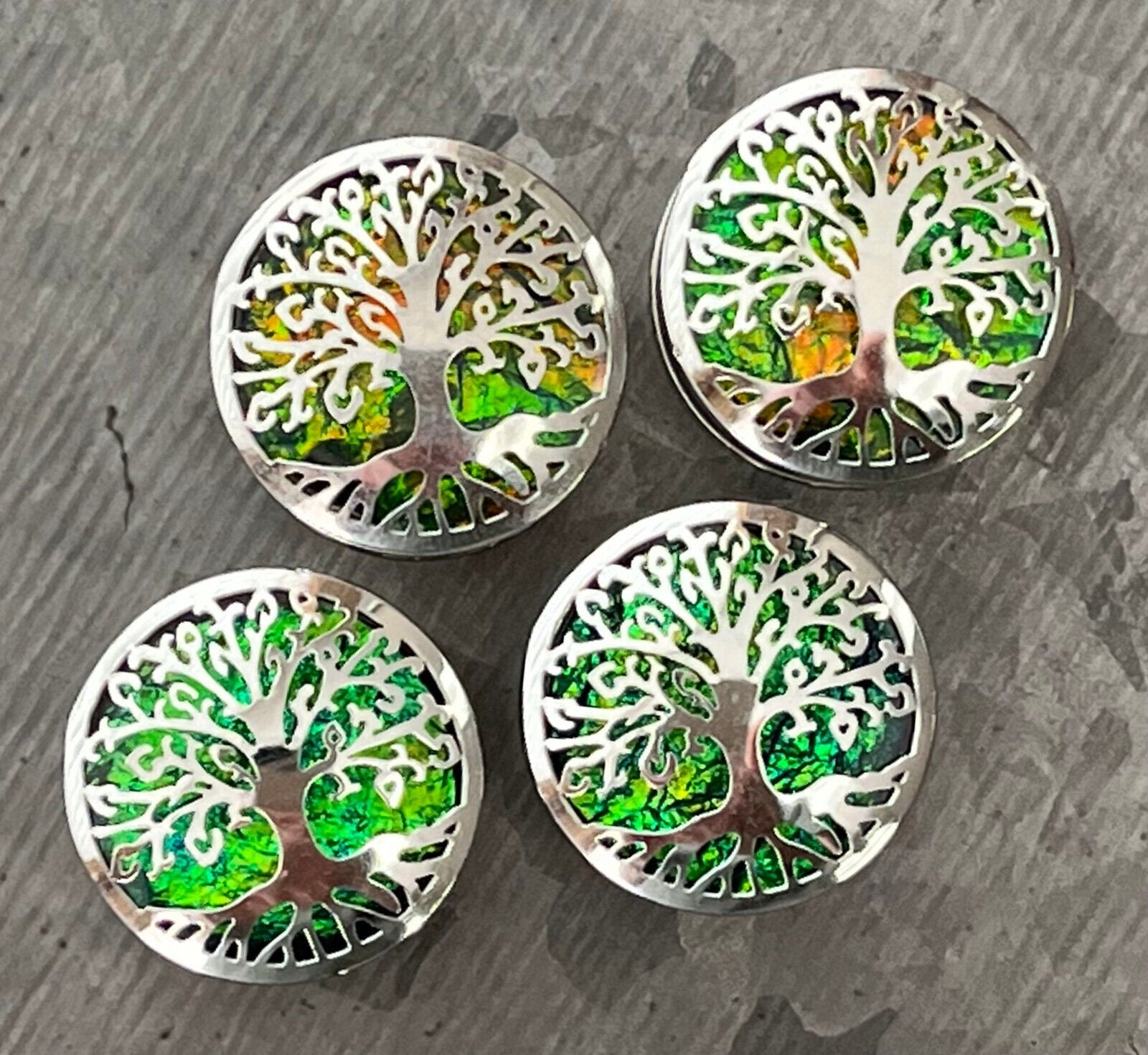 PAIR of Stunning Green Opal Glitter Tree of Life Steel Screw Fit Tunnels/Plugs - Gauges 0g (8mm) thru 5/8" (16mm) available!