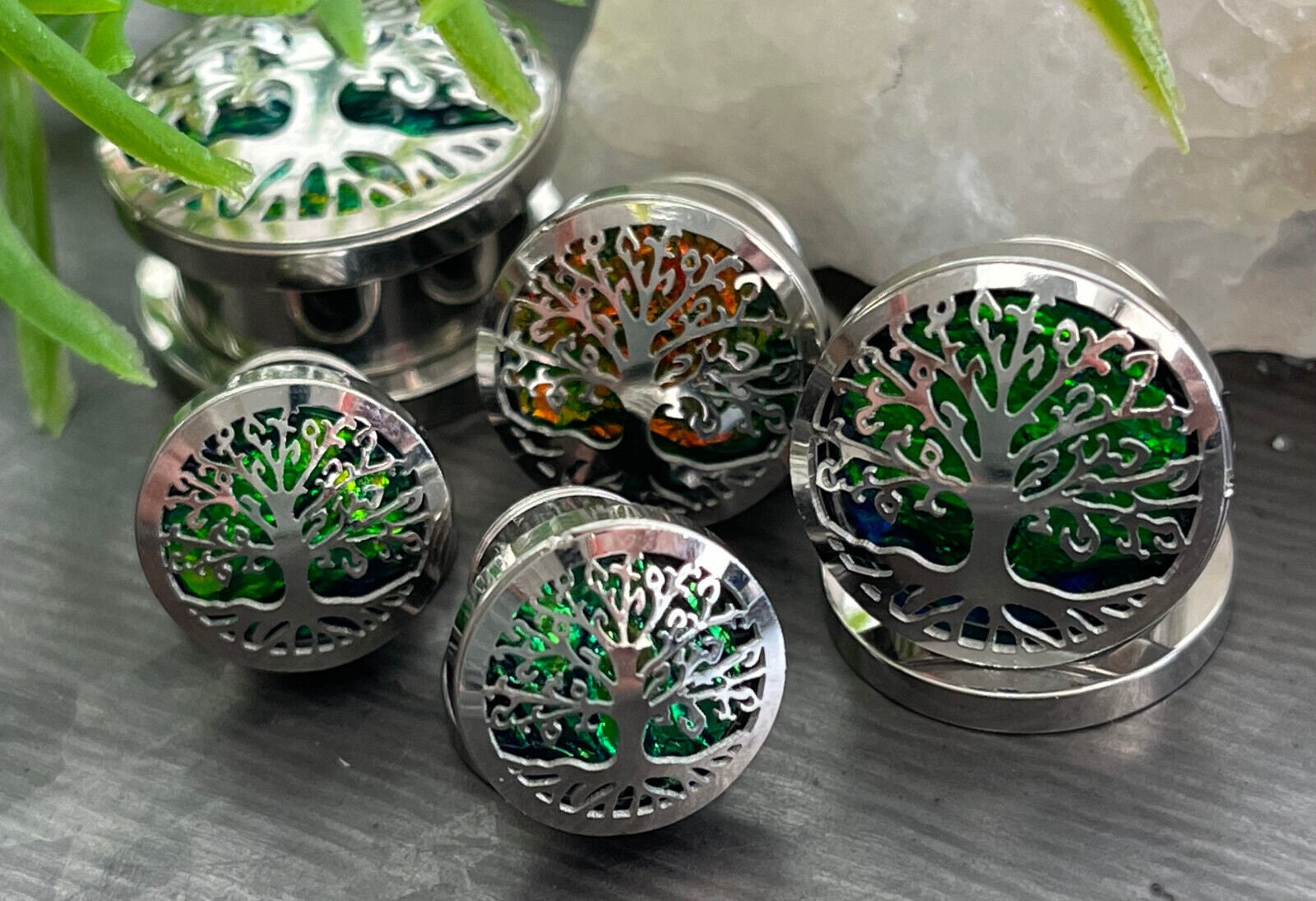 PAIR of Stunning Green Opal Glitter Tree of Life Steel Screw Fit Tunnels/Plugs - Gauges 0g (8mm) thru 5/8" (16mm) available!