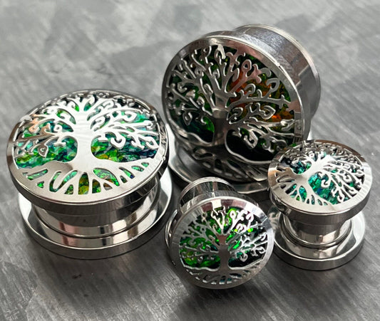 PAIR of Stunning Green Opal Glitter Tree of Life Steel Screw Fit Tunnels/Plugs - Gauges 0g (8mm) thru 5/8" (16mm) available!