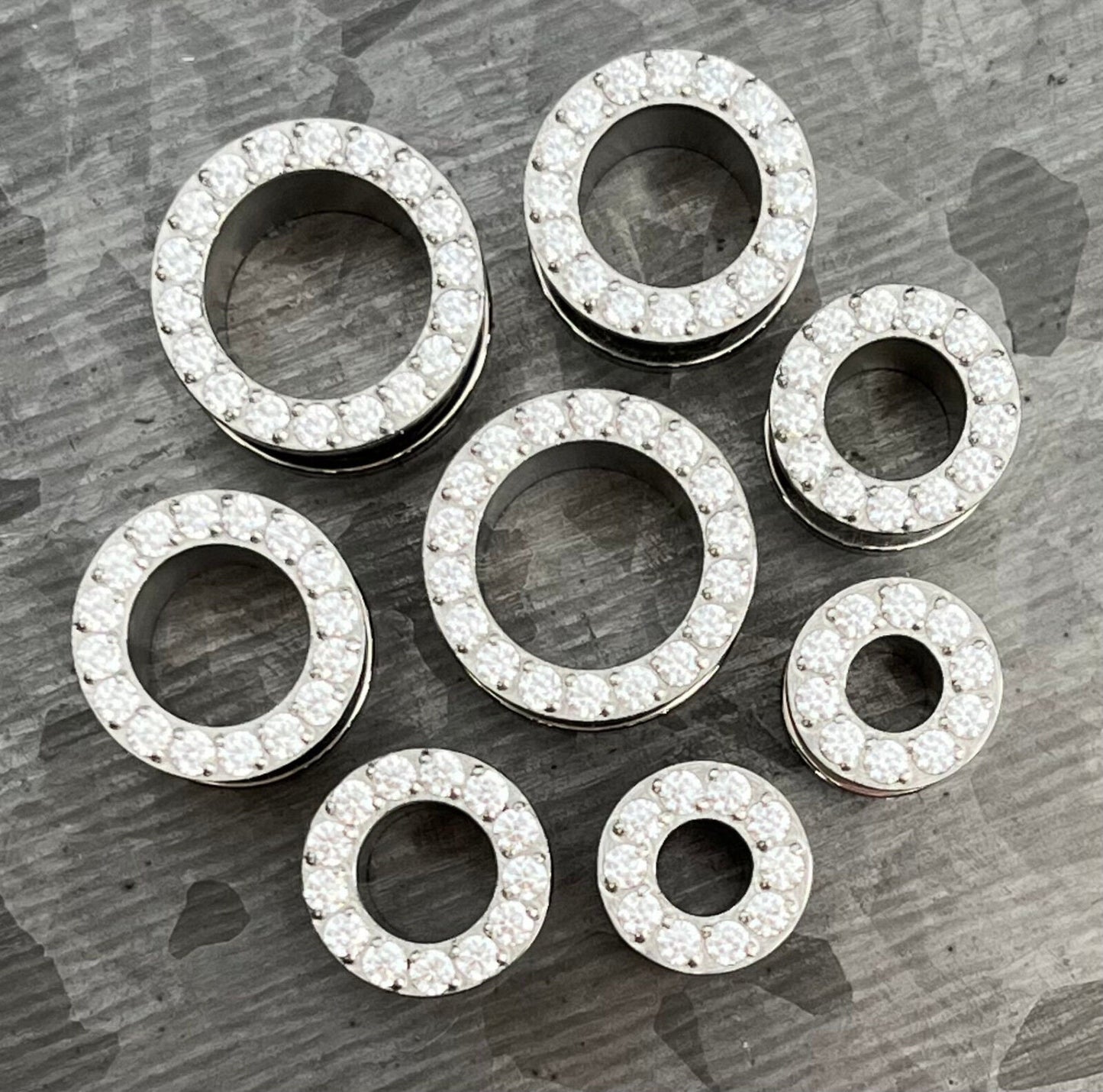 PAIR of Stunning CZ Rimmed Solid Implant Grade Titanium Screw Fit Tunnels/Plugs - Gauges 2g (6mm) thru 1/2" (12mm) available!