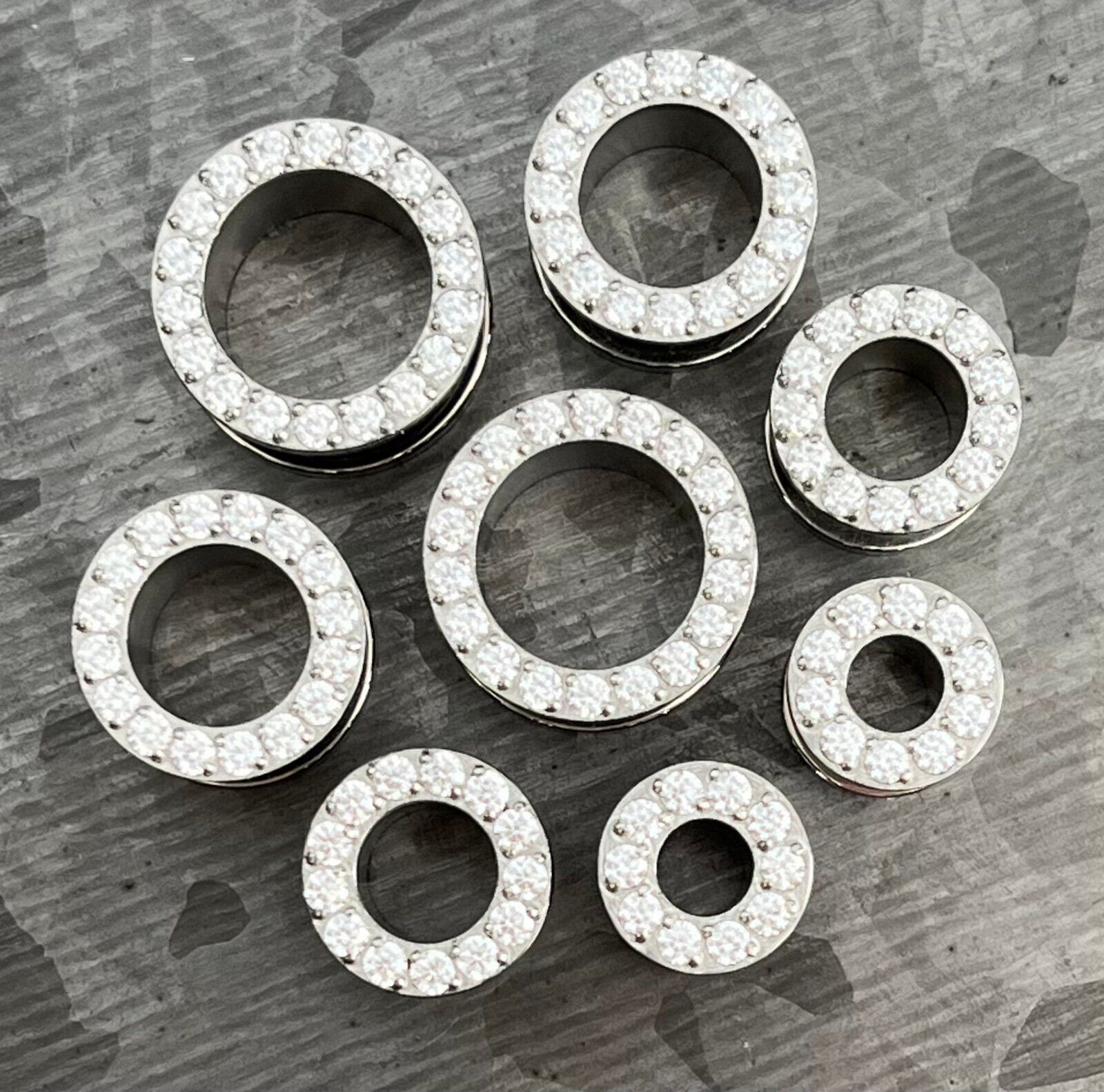 PAIR of Stunning CZ Rimmed Solid Implant Grade Titanium Screw Fit Tunnels/Plugs - Gauges 2g (6mm) thru 1/2" (12mm) available!
