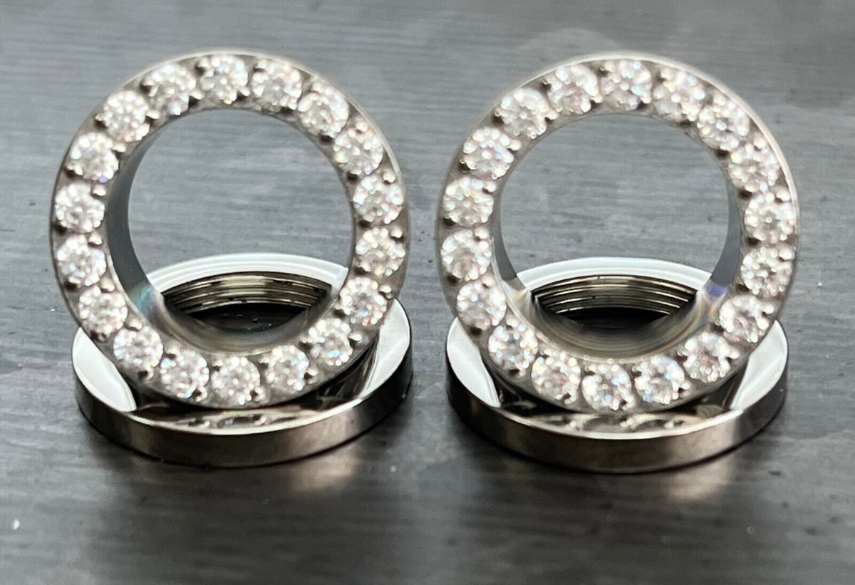 PAIR of Stunning CZ Rimmed Solid Implant Grade Titanium Screw Fit Tunnels/Plugs - Gauges 2g (6mm) thru 1/2" (12mm) available!
