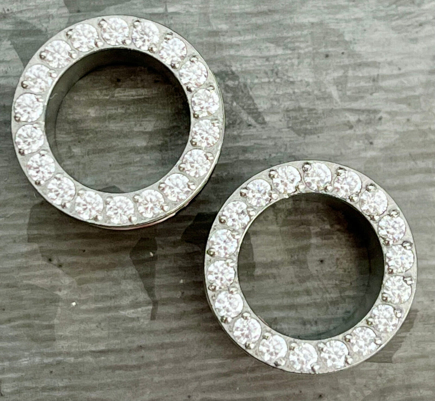 PAIR of Stunning CZ Rimmed Solid Implant Grade Titanium Screw Fit Tunnels/Plugs - Gauges 2g (6mm) thru 1/2" (12mm) available!