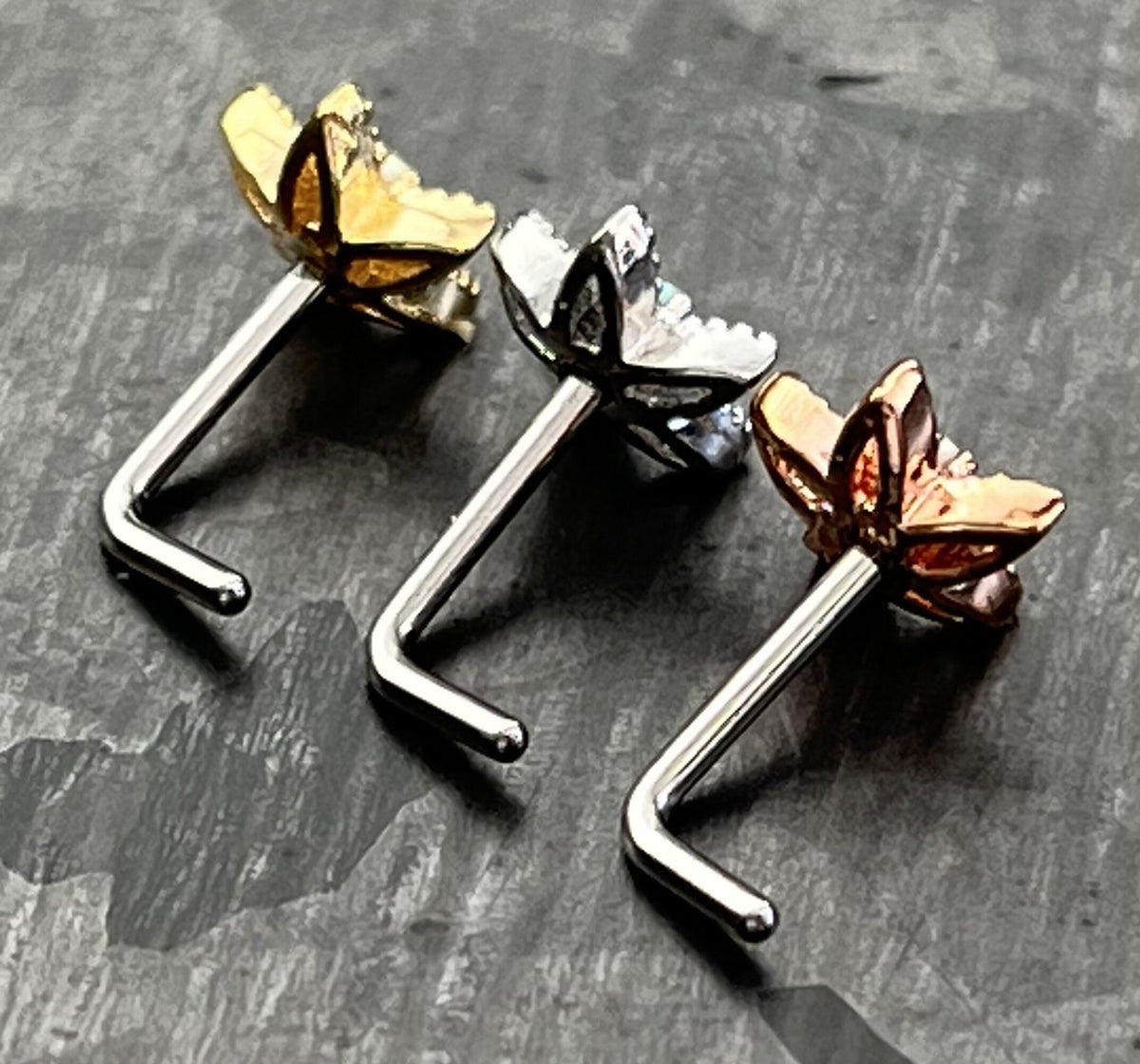 1 Piece Unique Opal Center Flower L-Bend 316L Surgical Steel Nose Ring/Stud - 16g - Steel, Gold and Rose Gold Available!