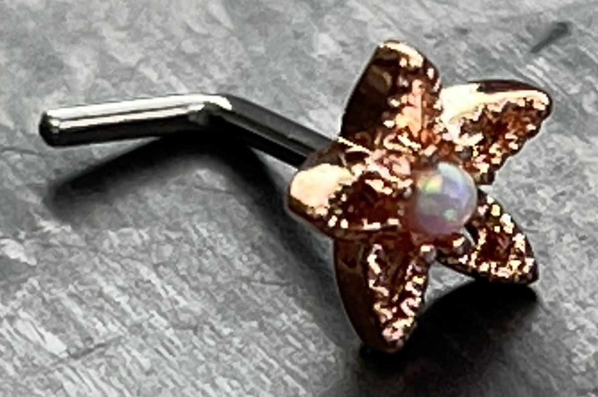 1 Piece Unique Opal Center Flower L-Bend 316L Surgical Steel Nose Ring/Stud - 16g - Steel, Gold and Rose Gold Available!