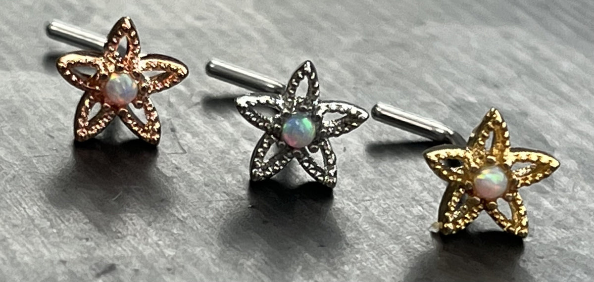1 Piece Unique Opal Center Flower L-Bend 316L Surgical Steel Nose Ring/Stud - 16g - Steel, Gold and Rose Gold Available!