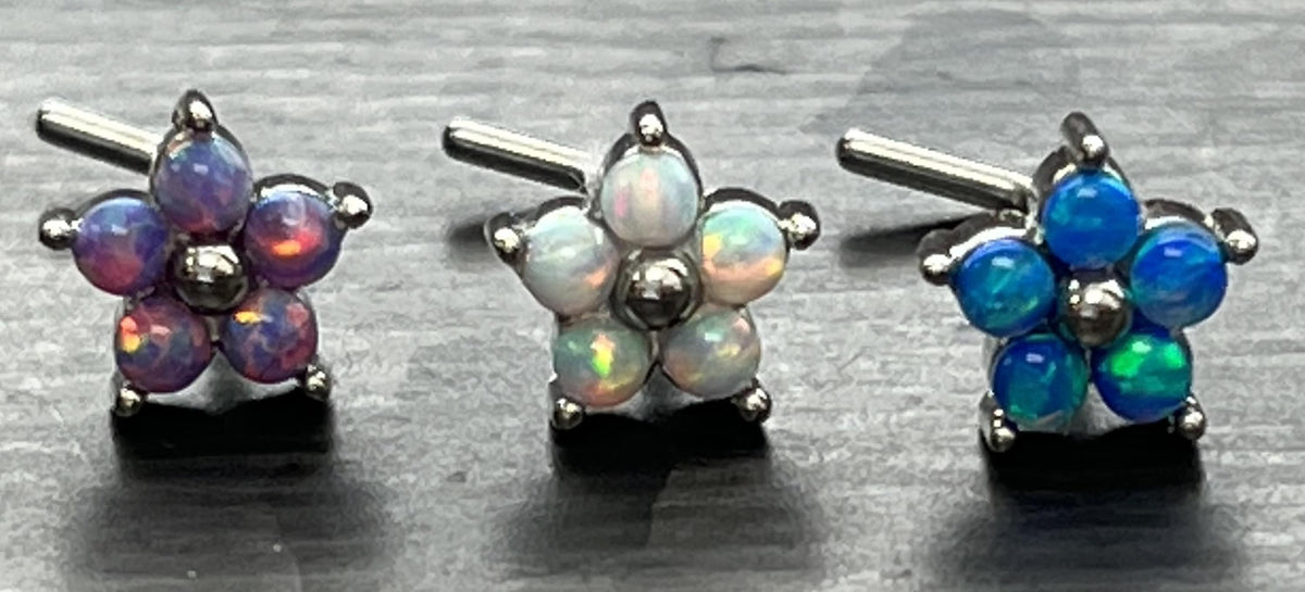 1 Piece Stunning 5 Opal Petals Flower L-Bend 316L Surgical Steel Nose Ring/Stud - 16g - Blue, Purple and White Available!