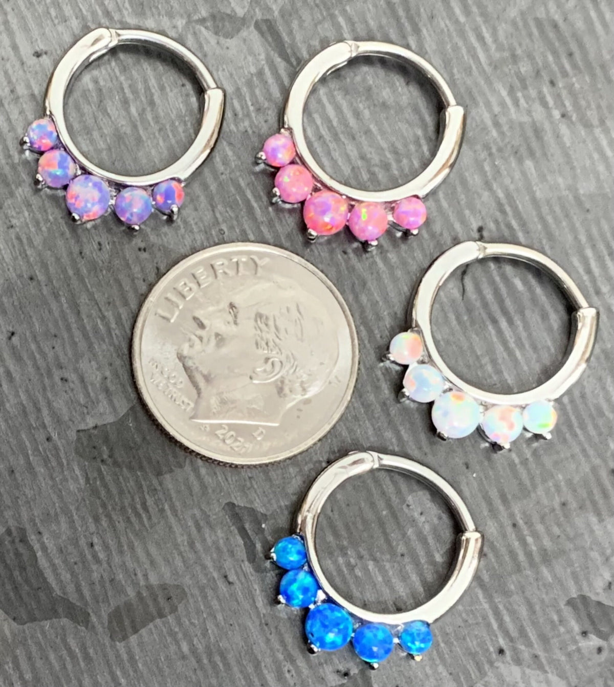 1 Piece Stunning Five Opal 316L Surgical Steel Hinged Septum Segment Ring - 16g - Blue, Pink, Purple and White Available!